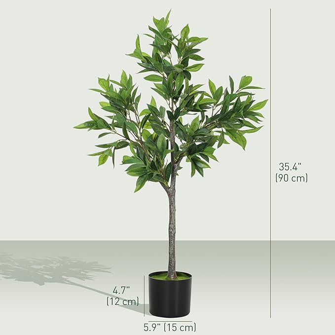 HOMCOM Lifelike Artificial Laurel Tree, 3FT Fake Tree with 345 PEVA Leaves and Flocked Soil, Potted Fake Plant for Home or Office Decor, Green