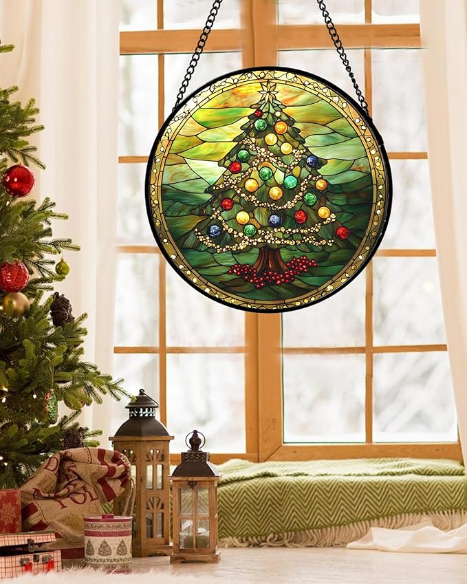 DASTOLL Stained Glass Window Hanging - Green Christmas Tree Gold Ribbon Suncatcher for Doors Home Christmas Decoration Sun Catcher Thanksgiving New Year Birthday Gifts for Women Men Mom Nana 9.8 in