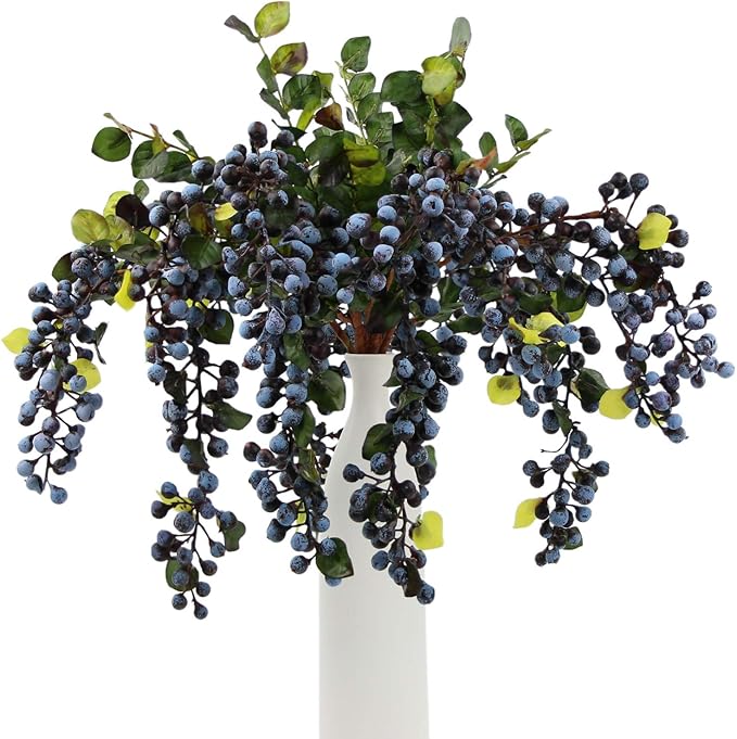 Rinlong 2Pcs Artificial Blueberries Fake Berries Stems Hanging Spray Frosted Blueberry Fall Floral Picks for Wreath Thanksgiving Decoration