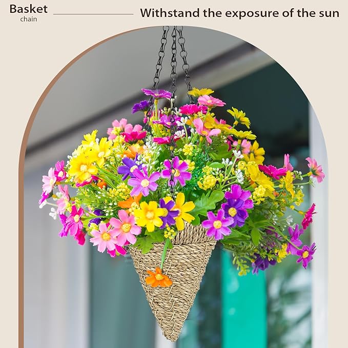 4 Pcs Hanging Plant Flower Basket for Outdoor Spring Decoration, 7.87 Inches Black Iron Chain Wicker Woven Conical Artificial Flower Hanging Basket, Plants Not Included (Brown)