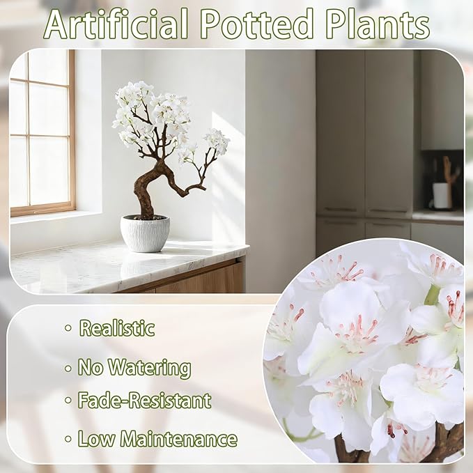 TOARTi Artificial White Cherry Blossom Potted Plant with Stone Pot, 12.2" Tall Fake Flowers Faux Plant Desk Decor, Decorative Plants Indoor Decor for for Home Bedroom Bathroom Office Desk