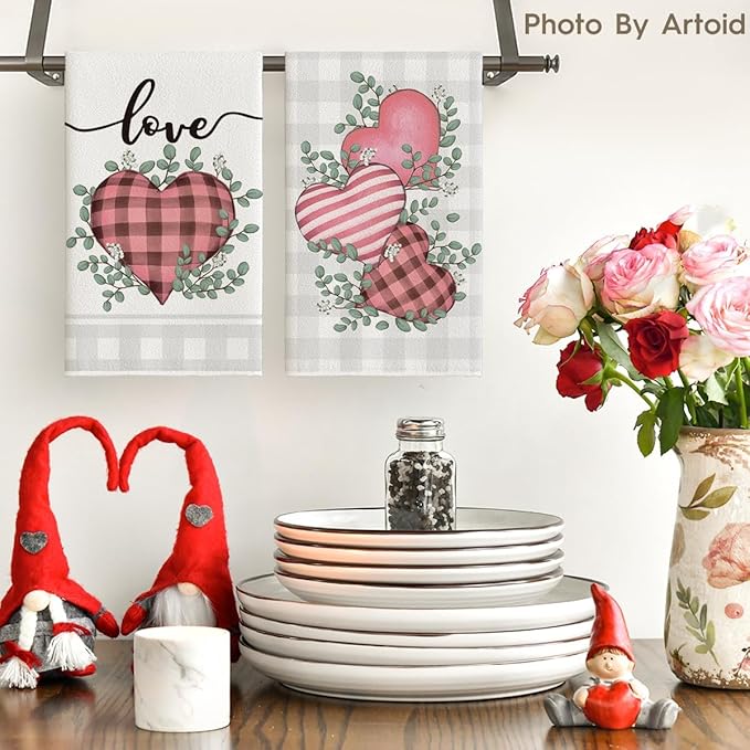 Artoid Mode Pink Buffalo Plaid Heart Love Valentine's Kitchen Towels Dish Towels, 18x26 Inch Anniversary Wedding Decoration Hand Towels Set of 2