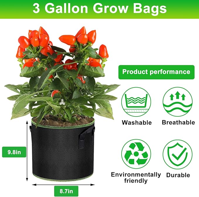 MEKOLIFE 3 Gallon Grow Bags 6 Pack - Thickened Nonwoven Aeration Planter Bags with Handles, Plant Tags & Seedling Bags, Chili Vegetable Gardening Fabric Pots