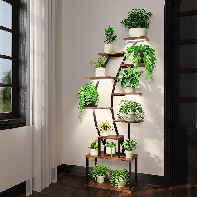 ROOMTEC Plant Stand Indoor with Grow Lights, 9 Tiered Indoor Plant Stand, 63" Metal Plant Shelf, Tall Plant Stands Indoor Multiple Stands for Living Room, Patio