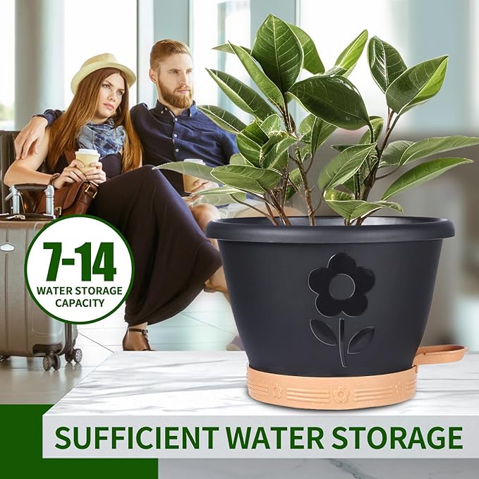XMPBFYH Plant Pots, Flower Pots for Indoor/Outdoor Plants, Self Watering Plastic Planters Pots with Drainage Holes, Saucer & Reservoir, Decorative Nursery Planting Pots(10 Inch Set of 4) (Black)