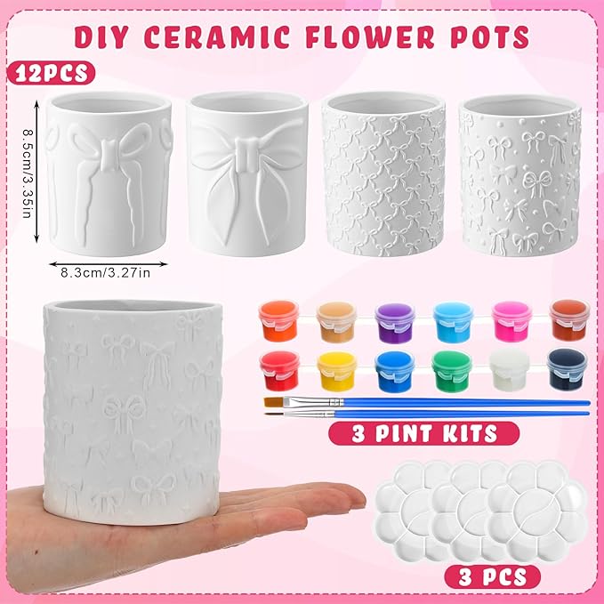 Zubebe 12 Pcs Paint Your Own Valentines Bow Ceramic Pots Bulk Unfinished Succulent Pots Painting Kit with Drainage Hole Mini Paintable Plant Vase Ready to Paint Planter for Valentines DIY Craft