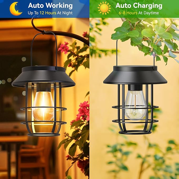 Solar Lanterns Outdoor Waterproof, High Brightness Hanging Solar Lights for Outside with Wall Hooks, Halloween Decor Retro Metal Outdoor Lanterns Auto On/Off for Patio, Yard Decor, Black,4Pack