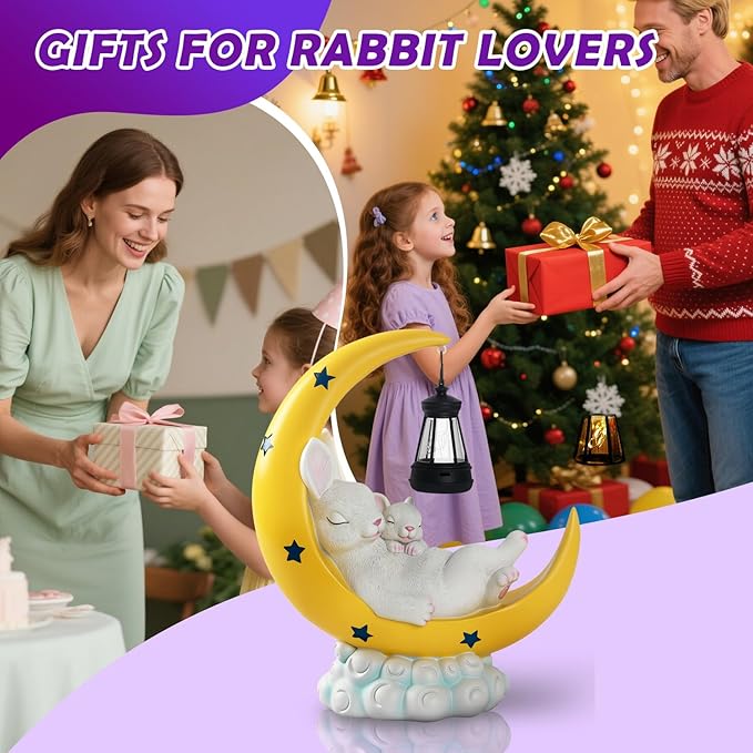 Easter Gift for Mom – Solar Powered Mother & Baby Rabbit Garden Light on Moon, Warm White LED Resin Statue for Yard and Patio | Mother's Day Gardening Gift