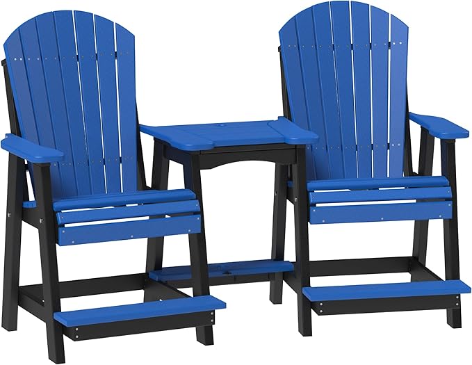 LuxCraft Poly Tete-a-Tete Patio Table and Counter Height Balcony Chairs with Umbrella Hole, Weatherproof Outdoor Patio Furniture Set for Outside - Amish Made in USA (Blue & Black)