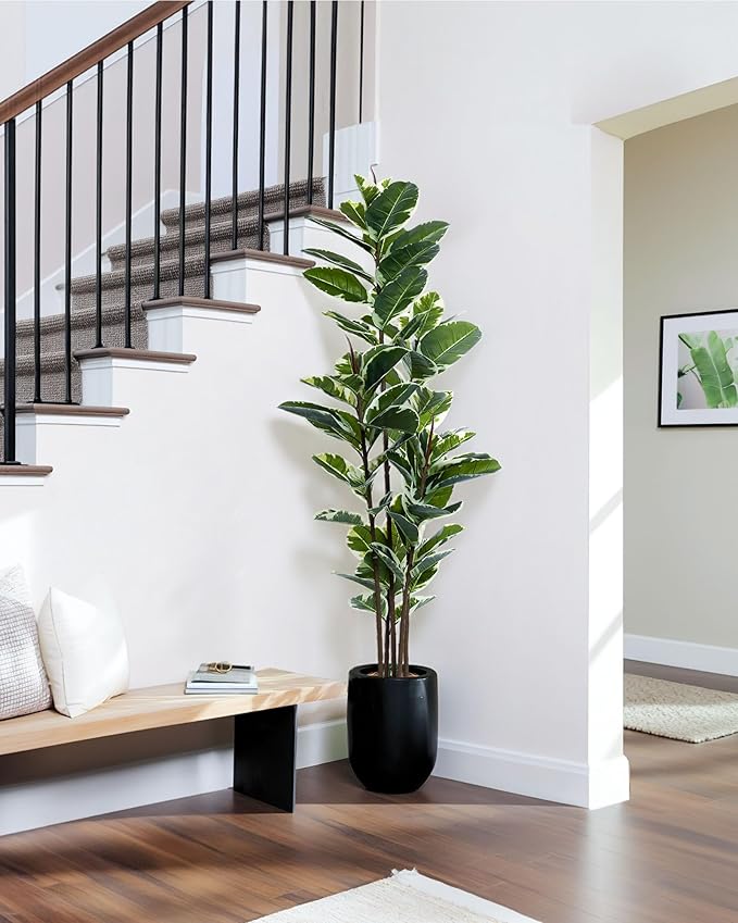 Artificial Rubber Tree Plant 6ft Tall Faux Ficus Tree Potted Fake Tropical Plants Decorative House Plants Large Floor Artificial Trees for Home Office Decor, Without The Pot