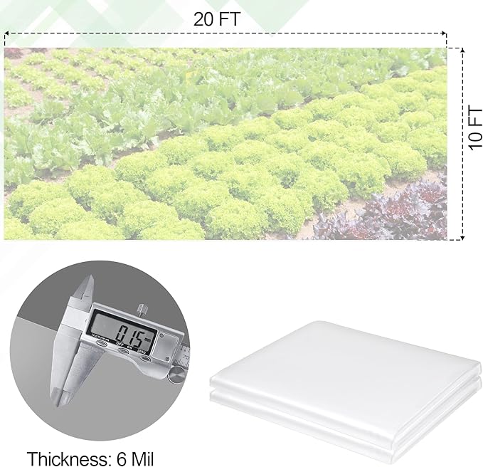10 x 20 FT Clear Greenhouse Plastic Sheeting, 6 Mil Polyethylene Film Heavy Duty, Water Sun Frost Wind Dust Resistant Winter Hoop House Toughness Plastic Cover for Farming, Gardening, Agriculture,DIY