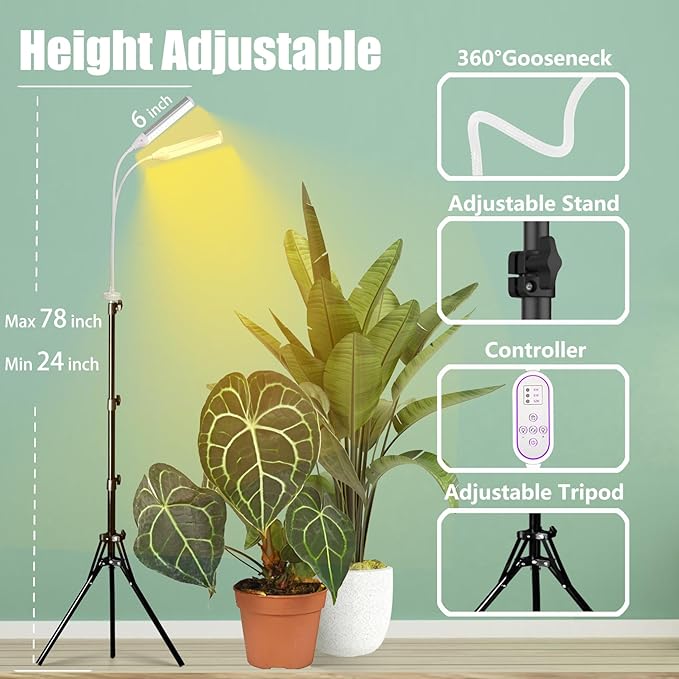 Secefeao Grow Lights for Indoor Plants Full Spectrum, LED Plant Light with Stand, Adjustable Height, 4/8/12H Timer, 10 Dimmable Levels & 3 Lighting Modes (Stand-2 Head)