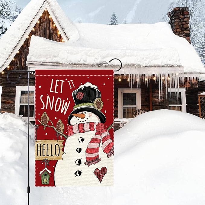 Let It Snow Snowman Snowflake Winter Christmas Garden Flag 12x18 Inch Double Sided Burlap, Cardinal Red Farmhouse Yard Outdoor Decorative Flag (RMQ46)