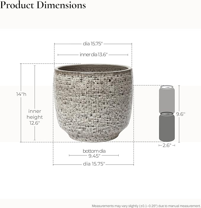 LuxenHome 15.5" Dia Round Ceramic Large Plant Pot for Outdoor Plants, Gray Grid-Pattern Glazed Ceramic Outdoor Planter Pot with Drainage Hole and Rubber Plug, Indoor Flower Pots for Home Garden Patio