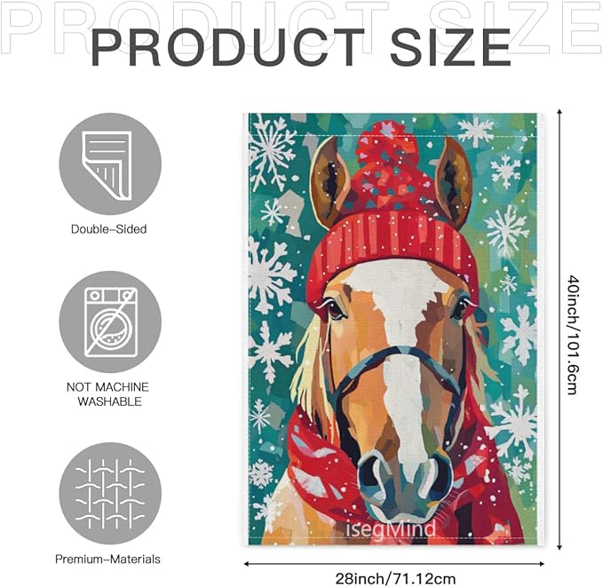 Horse with Red Scarf and Hat Snowflake Christmas Garden Flag, 28x40 Inch Double Sided Linen Holiday Red Winter Farmhouse Yard Outdoor Decoration (4321)