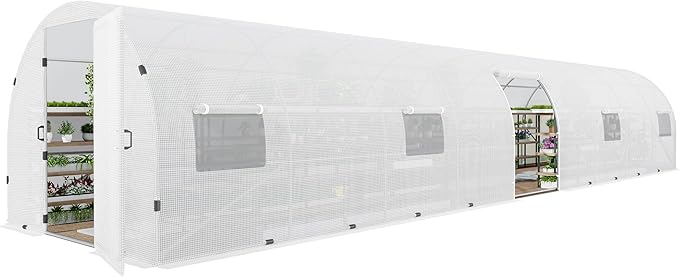 AMERLIFE 44x10x7.5 FT Tunnel Greenhouse for Outdoors, Large Walk-in Greenhouse kit with Reinforced Steel Frame, Swing Door & Premium PE Cover, White