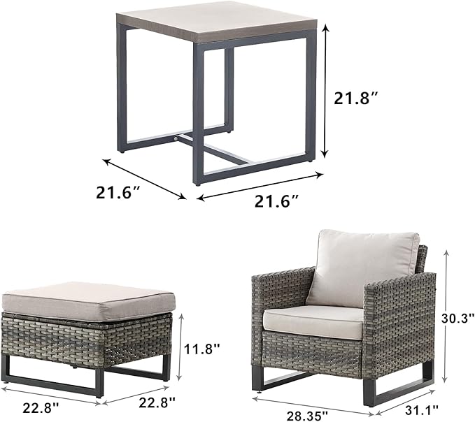 Wicker Outdoor Patio Furniture Set - 5 Piece Patio Conversation Set with 2 Wicker Armrest Chairs,2 Rattan Ottoman and 1 Metal Side Table for Outside Porch Deck Backyard Garden(Mixed Grey/Beige)
