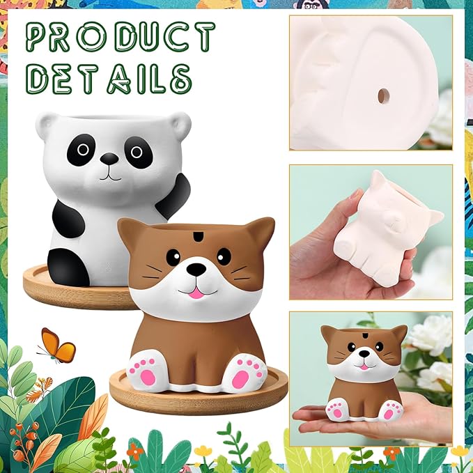 Ninehaoou 6 Sets Ceramic Succulent Pots with Drainage Color Paints Paintbrushes Palettes Paintable Succulent Flower Pots DIY Figurines Paint Craft Kit for Classroom(Cute Animal)