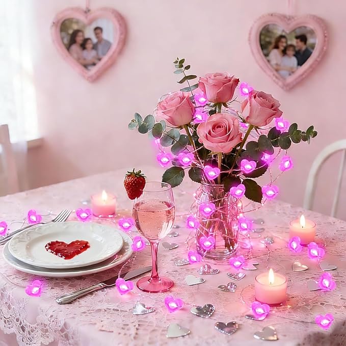 10FT Pink Heart Fairy Lights Battery Operated with Timer for Mothers Day Decoration, LED String Light Indoor Outdoor Waterproof Twinkle Light for Christmas Proposal Anniversary Valentines Party Decor