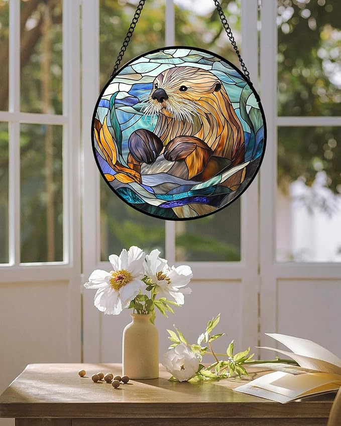 AMDERVEN Stained Glass Suncatcher, Blue Ocean Cute Sea Otter Sun Catcher Stain Glass Window Hanging Decoration Mother's Day Birthday Gifts for Women Men Mom Nana 6.3 in