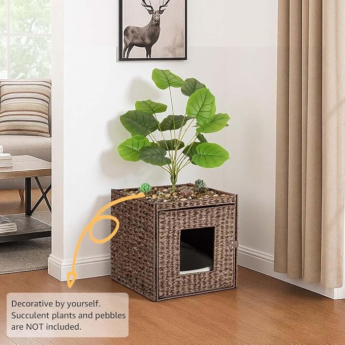 unipaws Cat Litter Box Enclosure with Faux Plant and Litter Mat, Hidden Handwoven Rattan Planter Cat House Furniture, DIY Decoration on Square Top by Yourself, for Living Room, Bedroom, Corner