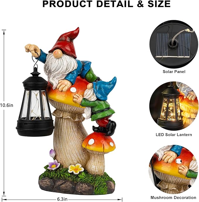 C&Y&G&X Solar Garden Gnome Statue - Waterproof Outdoor Mushroom Decor with Solar Lantern LED Lights for Yard, Lawn, Patio - Ideal Gifts for Mom Grandm