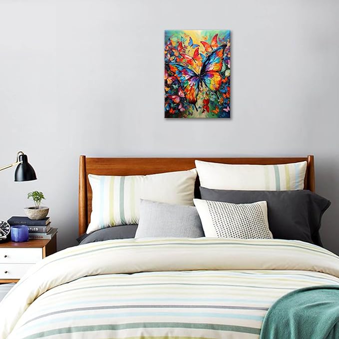 FUNHUA Butterfly Flower Decor Wall Art Colorful Butterfly Pictures Wall Decor Modern Home Decor for Living Room Home Bedroom Decoration Framed Ready to Hang12 x16