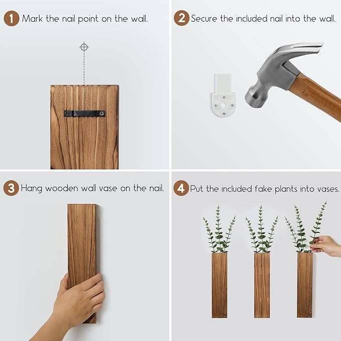 3 Pack Wooden Wall Planters with Fake Eucalyptus Stems, Modern Farmhouse Wood Vases Plants Wall Decor for Living Room, Bedroom, Bathroom (Dark Brown)