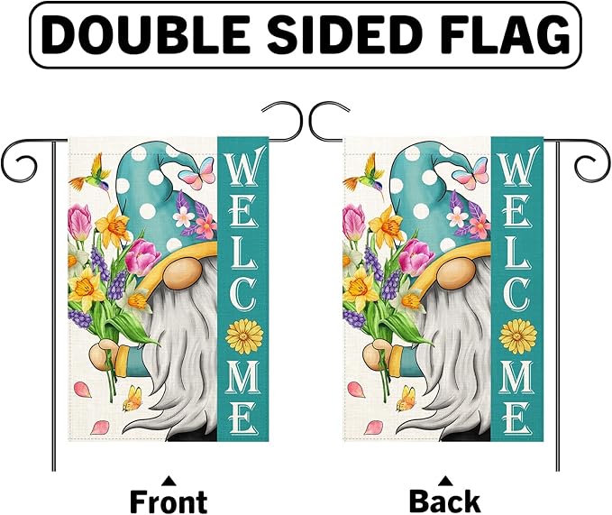 Welcome Spring Gnomes Garden Flag 12x18 Double Sided Vertical Outdoor Flag for Spring Summer Farmhouse Decoration Yard Lawn Garden Banner (Spring Garden Flag)
