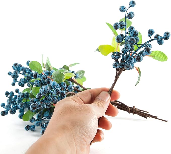 SHACOS Artificial Blue Berry Stems Pack of 20 Fake Blue Berries with Green Leaves 9.8 inch Fake Blueberries Picks for Christmas Decorations Crafts Holiday Home Decor Blueberry