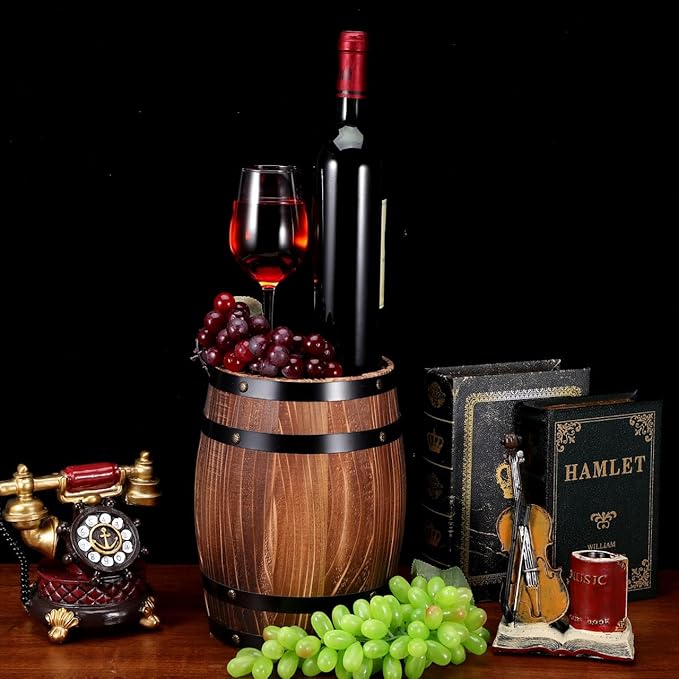 Oak Barrel Decoration Wooden Planter Rustic Wine Barrel Prop 8.2 Inch Antique Style Beer for Home Patio Garden Decor
