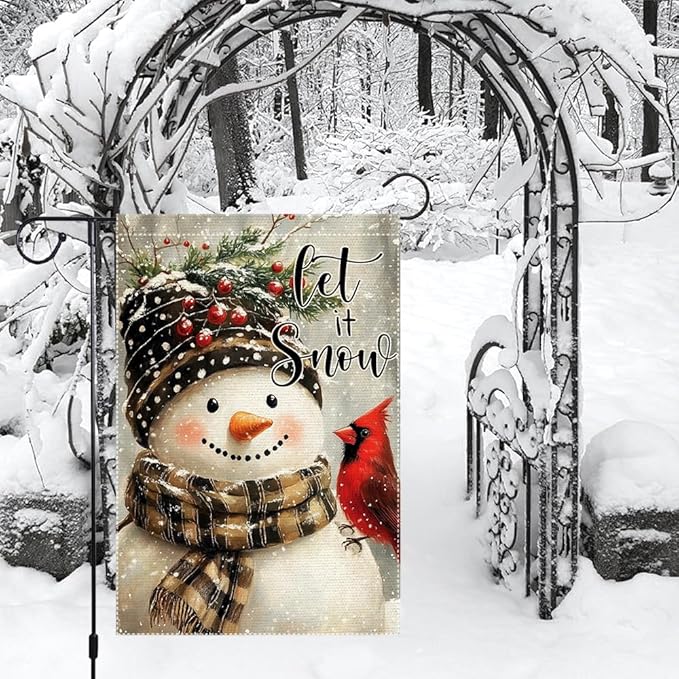 Let It Snow Garden Flag 12x18 Inch Double Sided Burlap Snowman Winter Yard Flag Cardinal Outdoor Holiday Christmas House Banner Small Seasonal Welcome Decoration for Porch Lawn