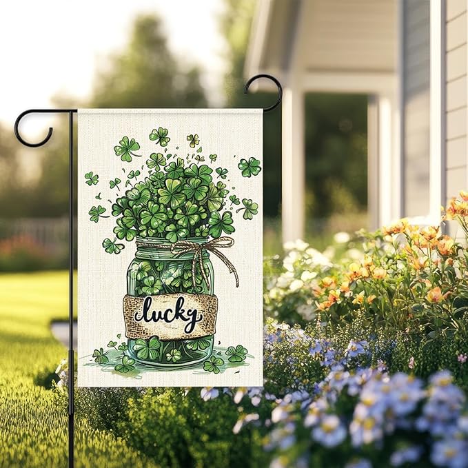 St Patricks Day Garden Flag 12x18 Inch Double Sided,Shamrocks Lucky Outdoor Irish Decor House Porch Flag for St Patrick's Day Party and Yard Decorations