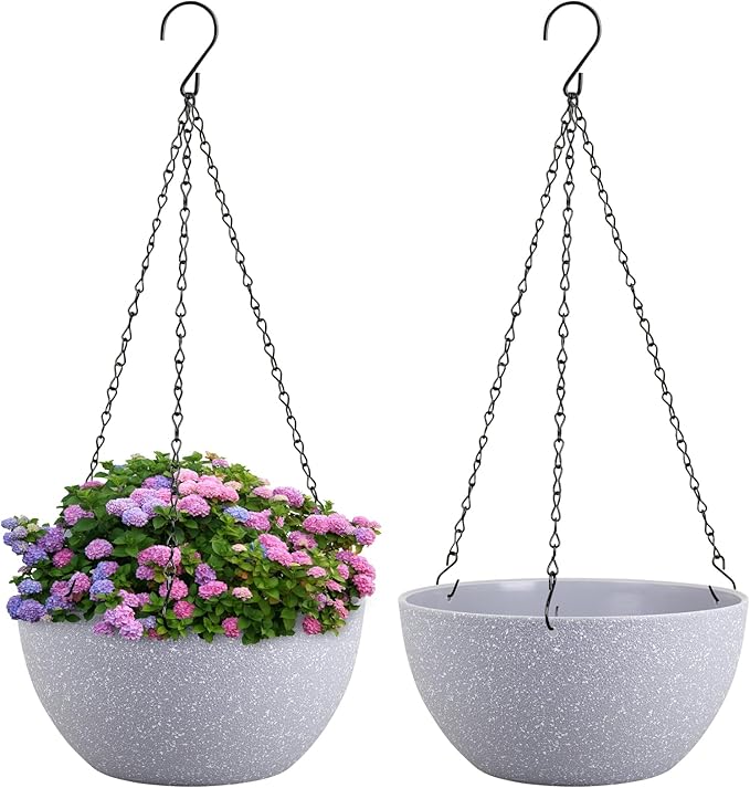 Meowell 10 inch Hanging Planters for Indoor Outdoor Plants, 2 Pack Hanging Flower Pots with Drainage Holes and Chain for Garden Porch, Plastic Hanging Baskets for House Plants, Speckled Grey