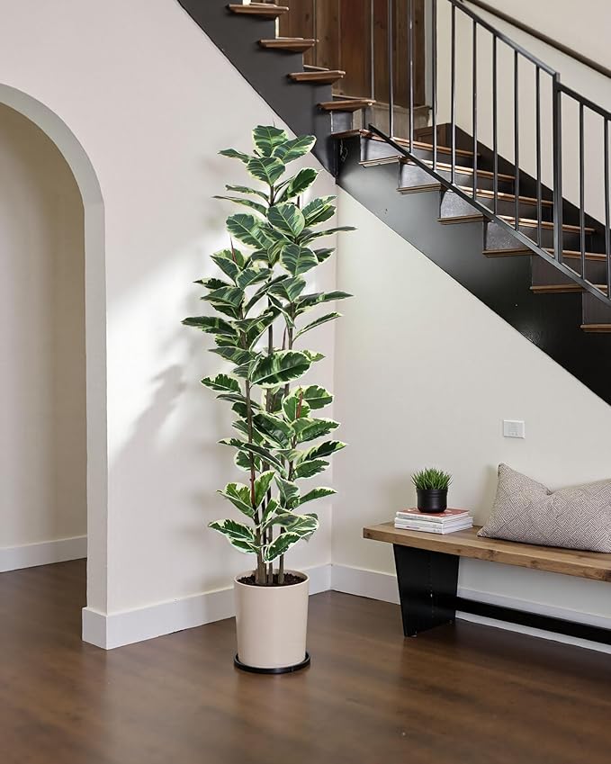 Artificial Rubber Tree Plant 7ft Tall Faux Ficus Tree Potted Fake Tropical Plants Decorative House Plants Large Floor Artificial Trees for Home Office Store Room Decor