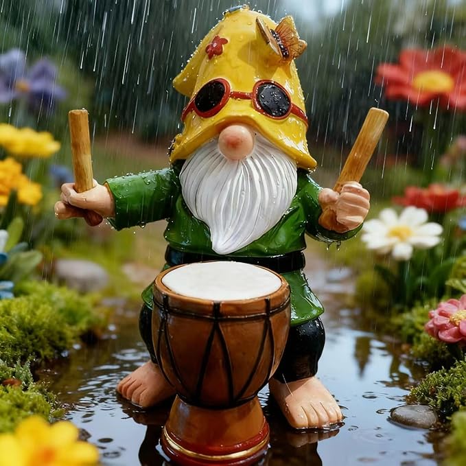 Garden Gnome Outdoor Decorative Statue, Yellow Hat with Sunglasses, Green Outfit, Drummer Design for Patio and Lawn Decor