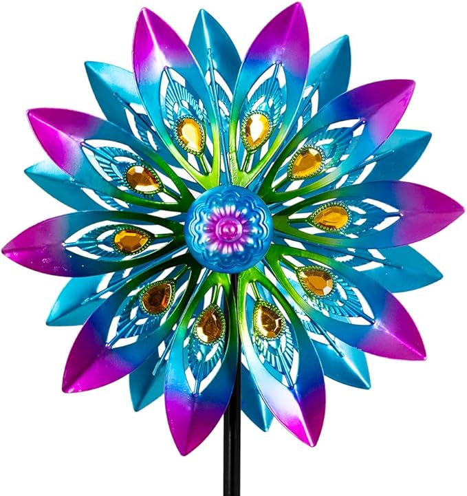 VEWOSTAR Metal Wind Spinner,13” Wind Spinners Outdoor,Peacock Windmill with Stake,Kinetic Wind Spinners for Yard and Garden,Multi-Color Pinwheels Yard Wind Sculptures,Waterproof Spinner for Patio Lawn