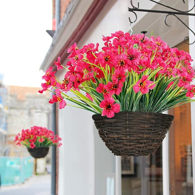 JEMONG 12 Bundles Artificial Flowers Outdoor UV Resistant Fake Flowers No Fade Faux Plastic Plants Garden Porch Window Box Decorating(Rose red)