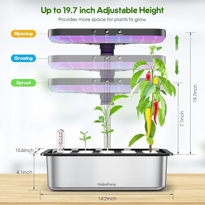 Indoor Garden Hydroponics Growing System: 15 Pods Stainless Steel Herb Garden Kit with Grow Light, Plant Germination Kit, 6L Large Tank, Quiet Pump, Auto Timer, Christmas Gardening Gift for Women
