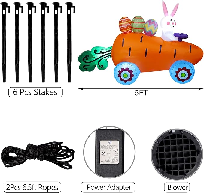 Easter Inflatables Outdoor Decorations, 6 FT Long Inflatable Bunny on Carrot Cart with Easter Eggs, Easter Blow up Yard Decorations for Indoor Outdoor Garden Lawn Holiday Party Decor