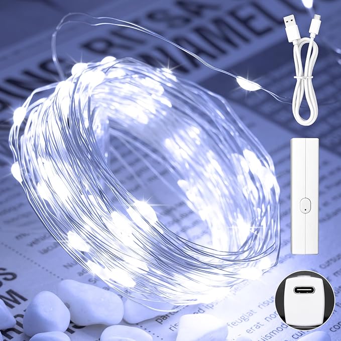 Lakumu 33FT 100LED String Twinkle Lights Rechargeable, White Fairy Lights Battery Operated with Timer & 8 Modes, Outdoor Indoor for Bedroom, Dorm, Christmas Decoration, Parties, Wedding, Centerpiece