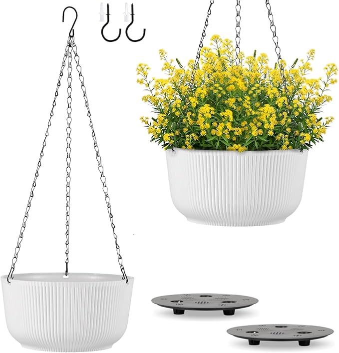 Kvetto Set of 2 White 11.2 Inch Hanging Planters for Indoor Outdoor Plants, Self Watering Hanging Flower Pots with Drainage Hole & Plug
