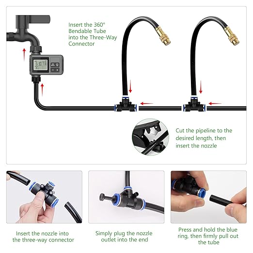 HEKIWAY 60FT Drip Irrigation System with Water Timer – Automatic Garden Watering Kit with 360° Bendable Hose & Adjustable Nozzles, Smart Irrigation System for Greenhouse, Lawn, Yard & Plants