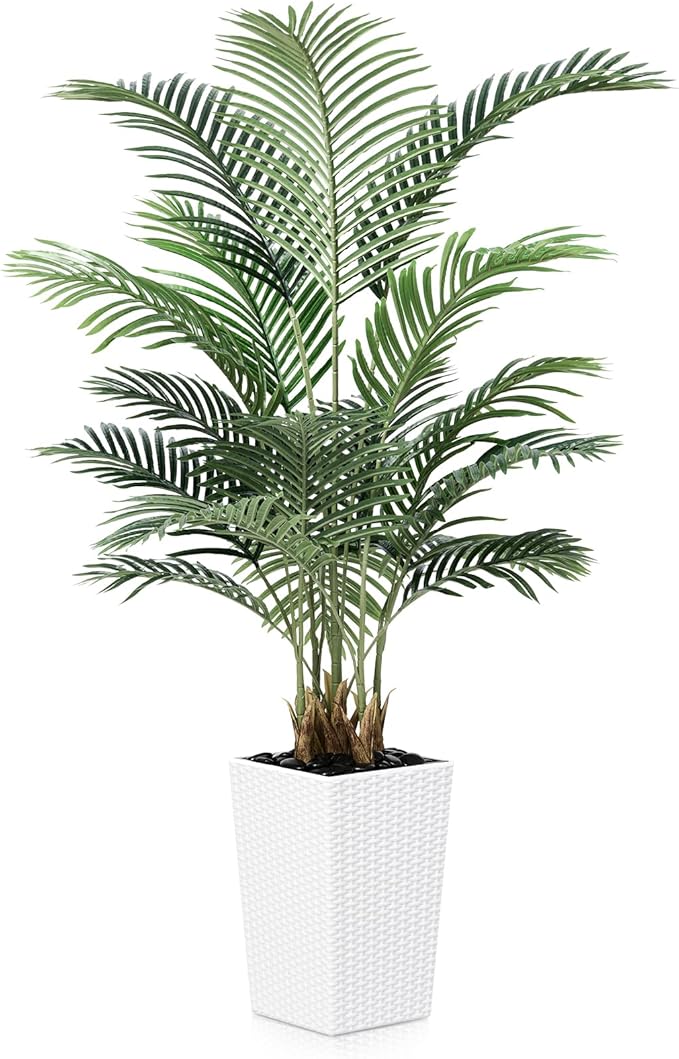 VeriNatural 5FT Artificial Palm Tree - Tall Fake Tree with White Taper Planter & Pebbles, UV Resistant for Indoor & Outdoor Decor - Large Potted Faux Plant for Living Room, Office, Home Decor,VN130