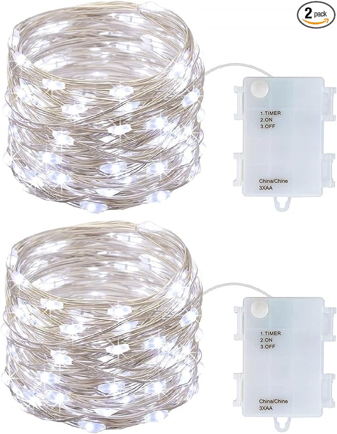 2 Pack Battery Operated Mini Led Fairy Lights Dewdrop Garland Lights with Timer 6 Hours on/18 Hours Off for Wedding Party Decorations,50 Leds 18 Feet Silver Wire (Cold White)