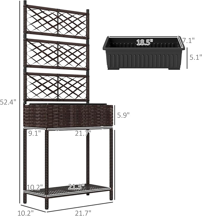 Outsunny Raised Garden Bed with Trellis, Outdoor Wicker Planter, Freestanding Rattan Planter Stand with Storage Shelf for Climbing Plants, Flowers, Herbs, Vegetables, Brown