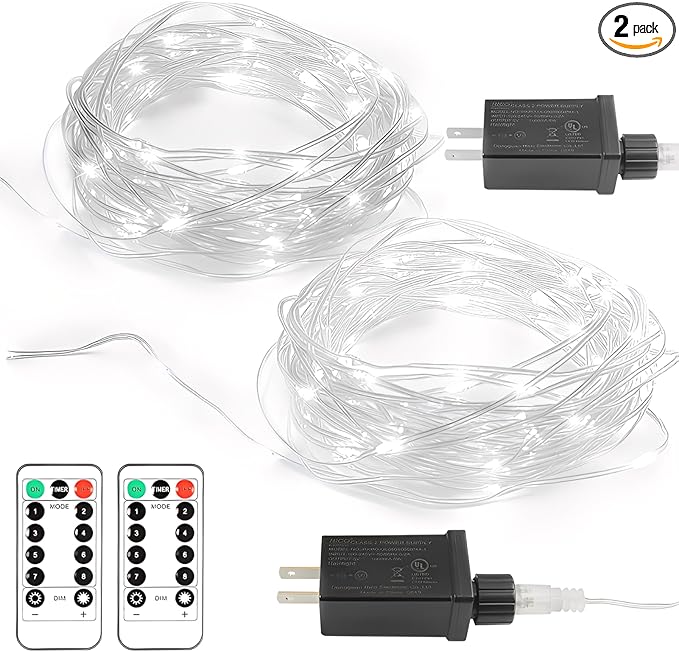 2 Pack Fairy String Lights Plug in, 33Ft 100 Micro Starry LED Outdoor String Lights with 8 Modes Timer Dimmable IP68 Full Waterproof Twinkle Lights for Bedroom Garden Christmas Home Decor (Cool White)