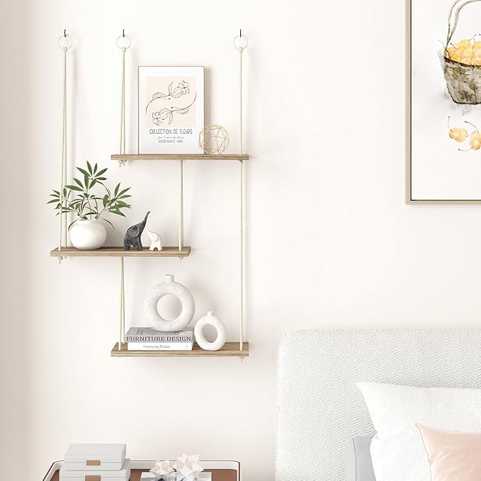 Fixwal Hanging Plant Shelves for Wall, 3 Tier Boho Wall Decor Plant Rack Floating Shelves Rope Rustic Wood Organizer Storage Hanger for Aesthetic Home Bedroom Kitchen Bathroom- Rustic Brown