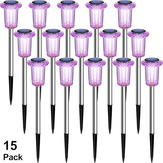 DenicMic Halloween Solar Lights Outdoor 15 Pack Waterproof Purple LED Stainless Steel Stake Outside Lights for Yard Pathway Garden Driveway Walkway Landscape Path Halloween Decorations Outdoor