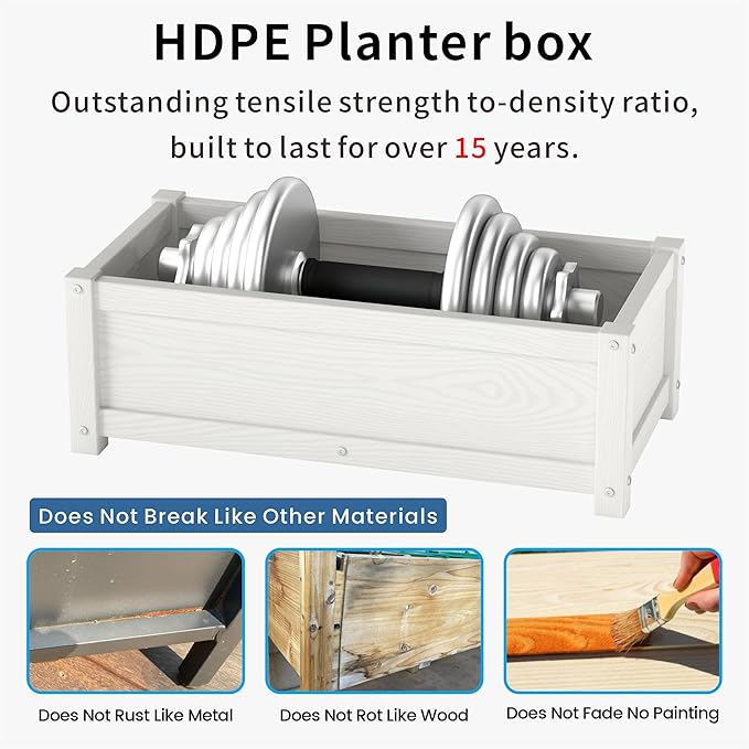 HDPE Planter Box, All-Weather Outdoor Garden Bed Easy to Assemble, Drainage System, Low Maintenance, Non-Fading, for Flower/Herb/Seed (White)